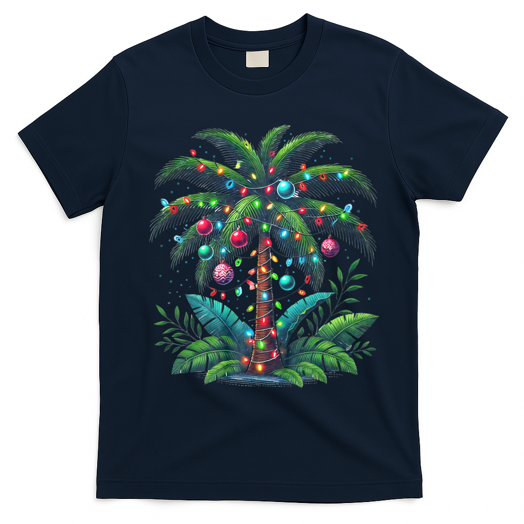 Christmas Palm Tree Merry Christmas Tropical Christmas T-Shirt - Navy Blue