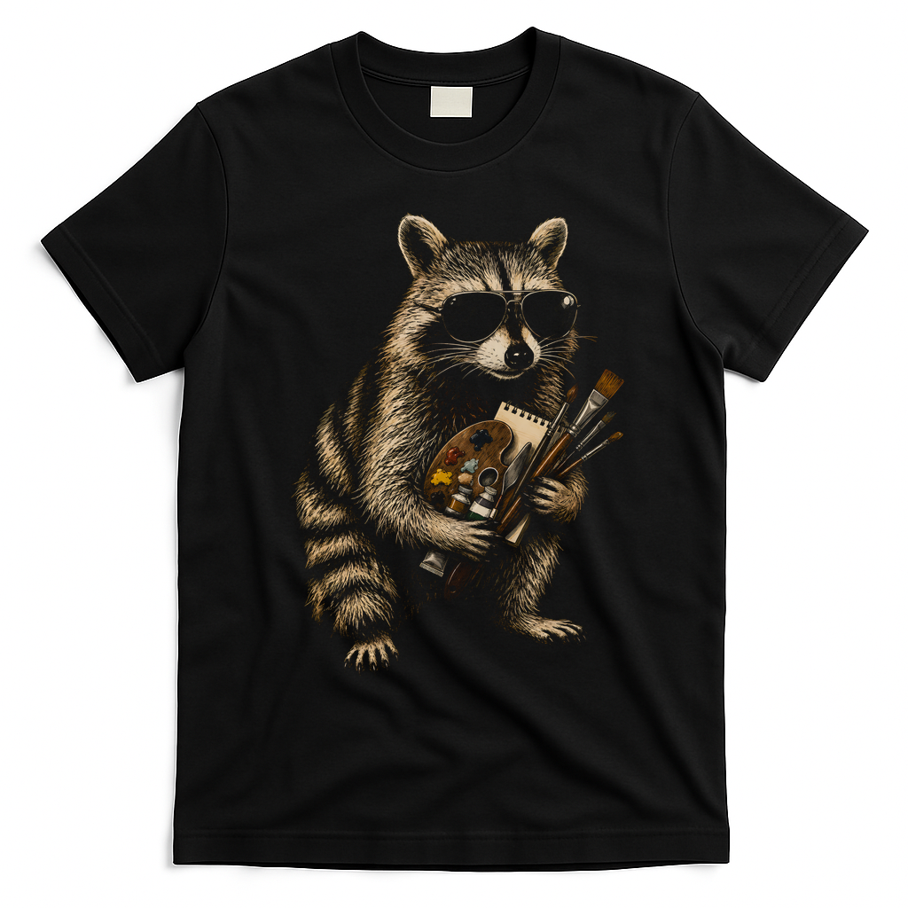 Cool Raccoon Artist with Palette and Brushes T-Shirt - Black
