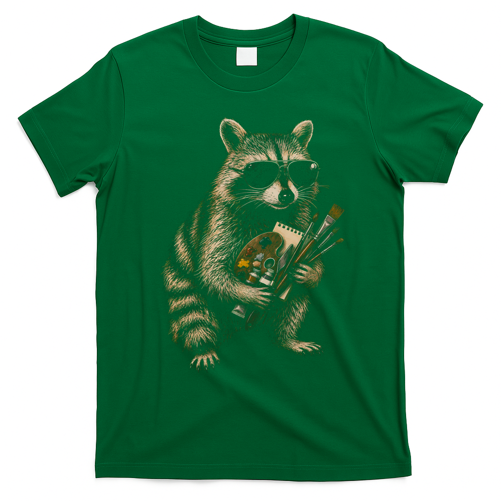 Cool Raccoon Artist with Palette and Brushes T-Shirt - Irish Green