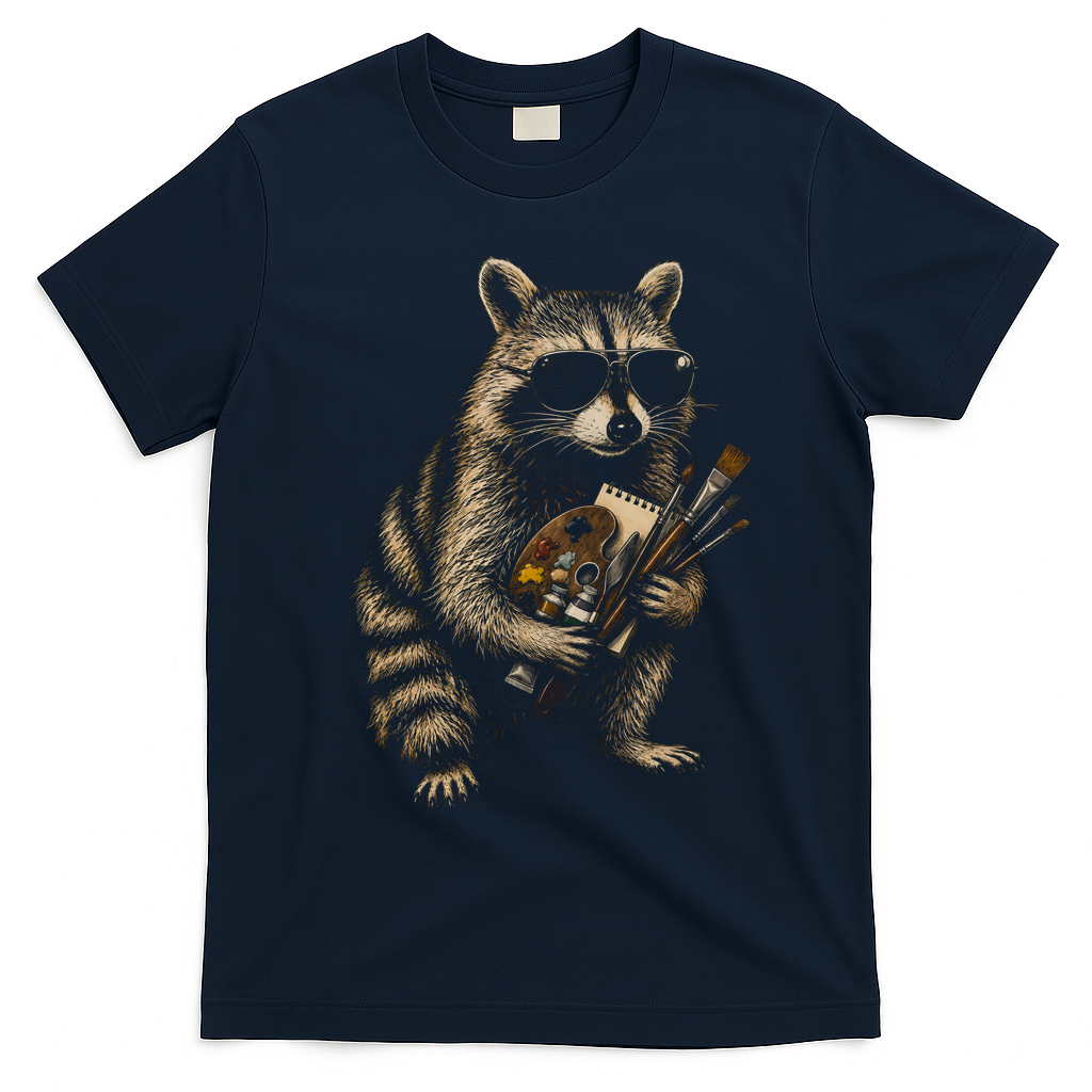 Cool Raccoon Artist with Palette and Brushes T-Shirt - Navy Blue