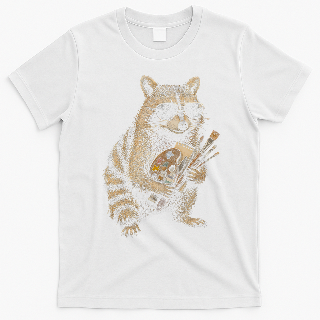 Cool Raccoon Artist with Palette and Brushes T-Shirt - White