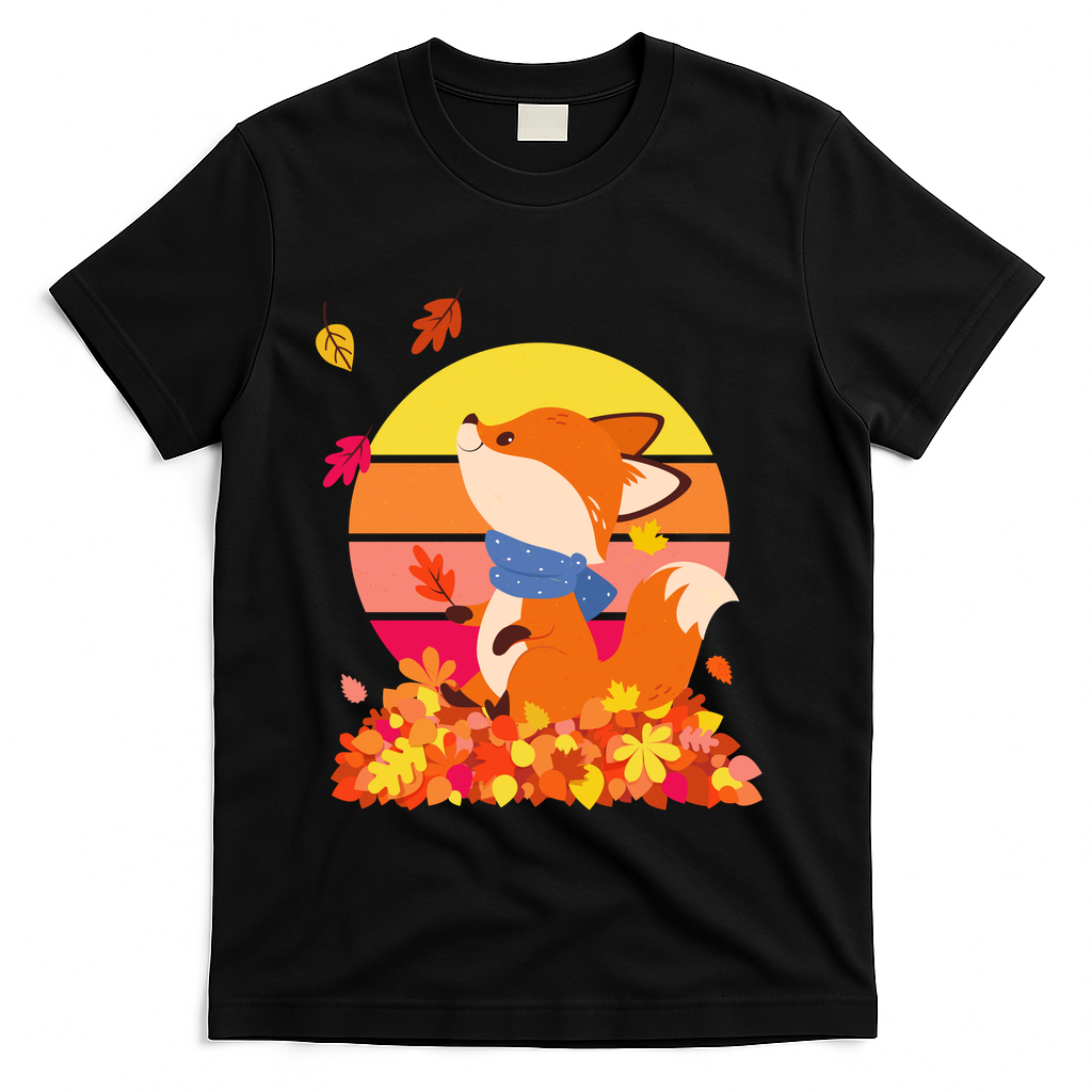 Cute Retro Autumn Fall Leaves Baby Fox T-Shirt - Black