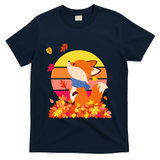 Cute Retro Autumn Fall Leaves Baby Fox T-Shirt - Navy