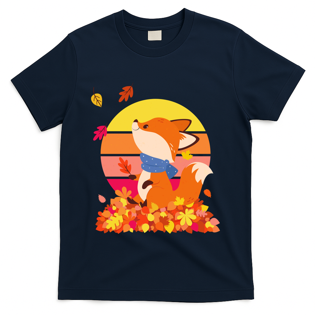 Cute Retro Autumn Fall Leaves Baby Fox T-Shirt - Navy