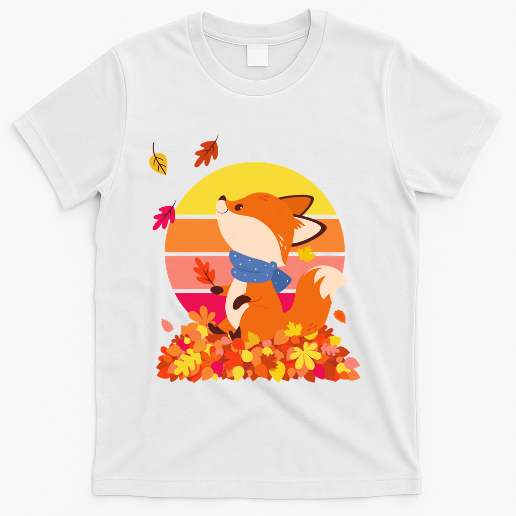Cute Retro Autumn Fall Leaves Baby Fox T-Shirt - White
