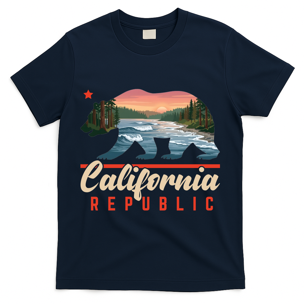 California Republic Bear Cali West Coast Beach Sunset T-Shirt - Navy
