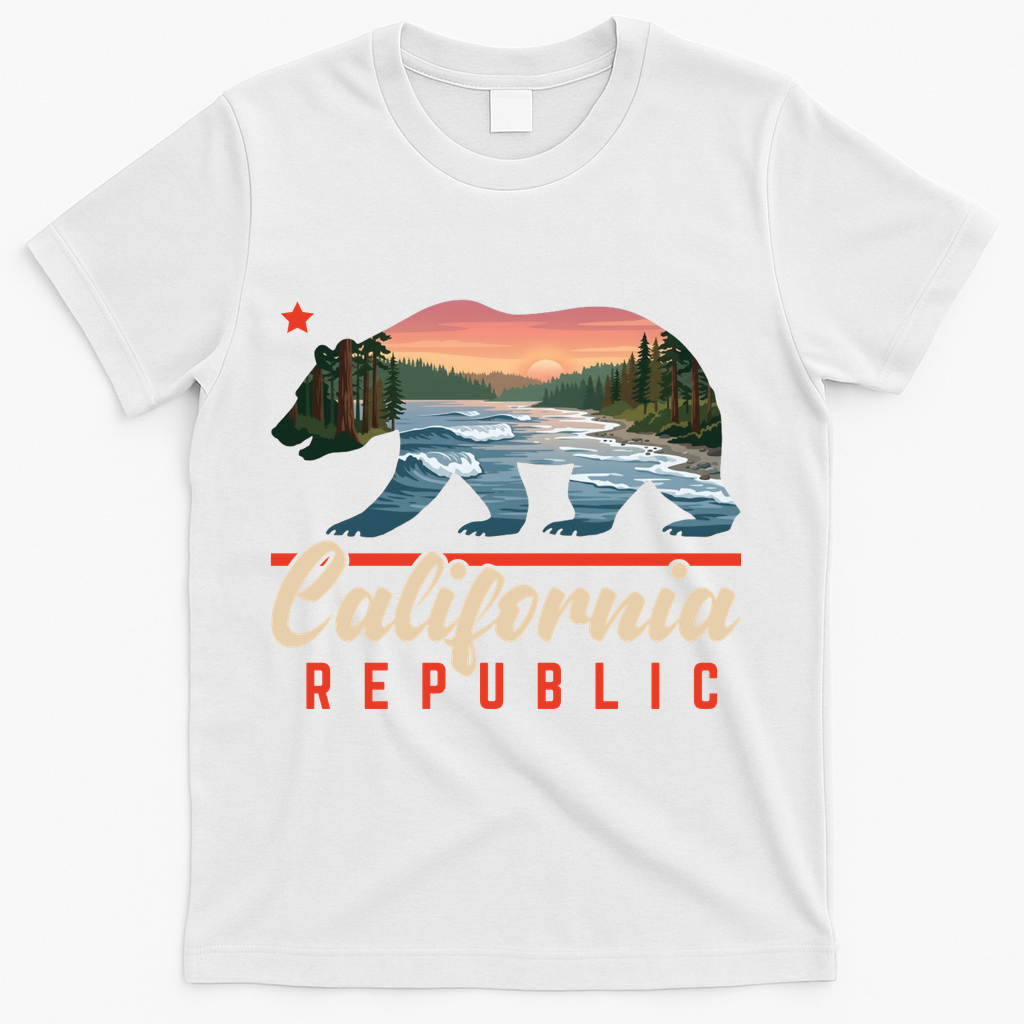 California Republic Bear Cali West Coast Beach Sunset T-Shirt - White