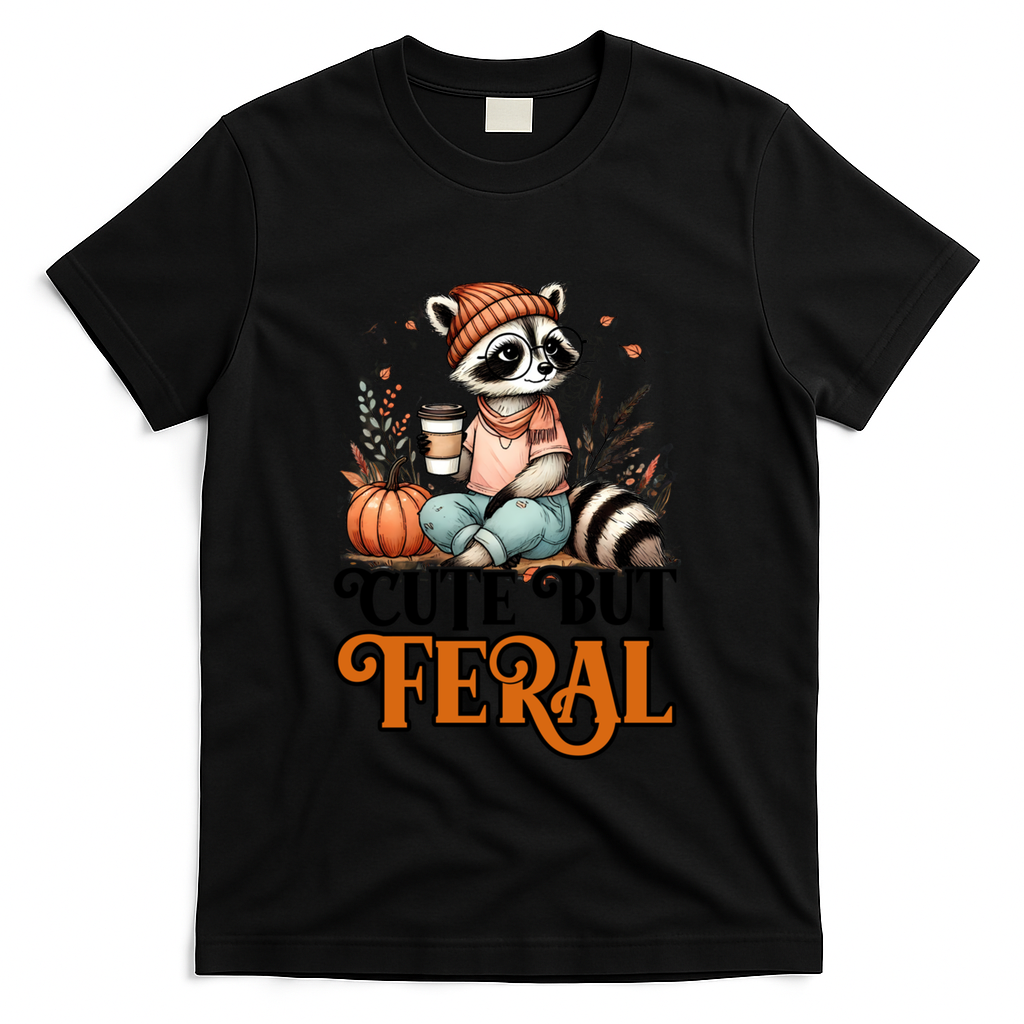 Coffee Raccoon Cute But Feral Autumn Design Gift T-Shirt - Black