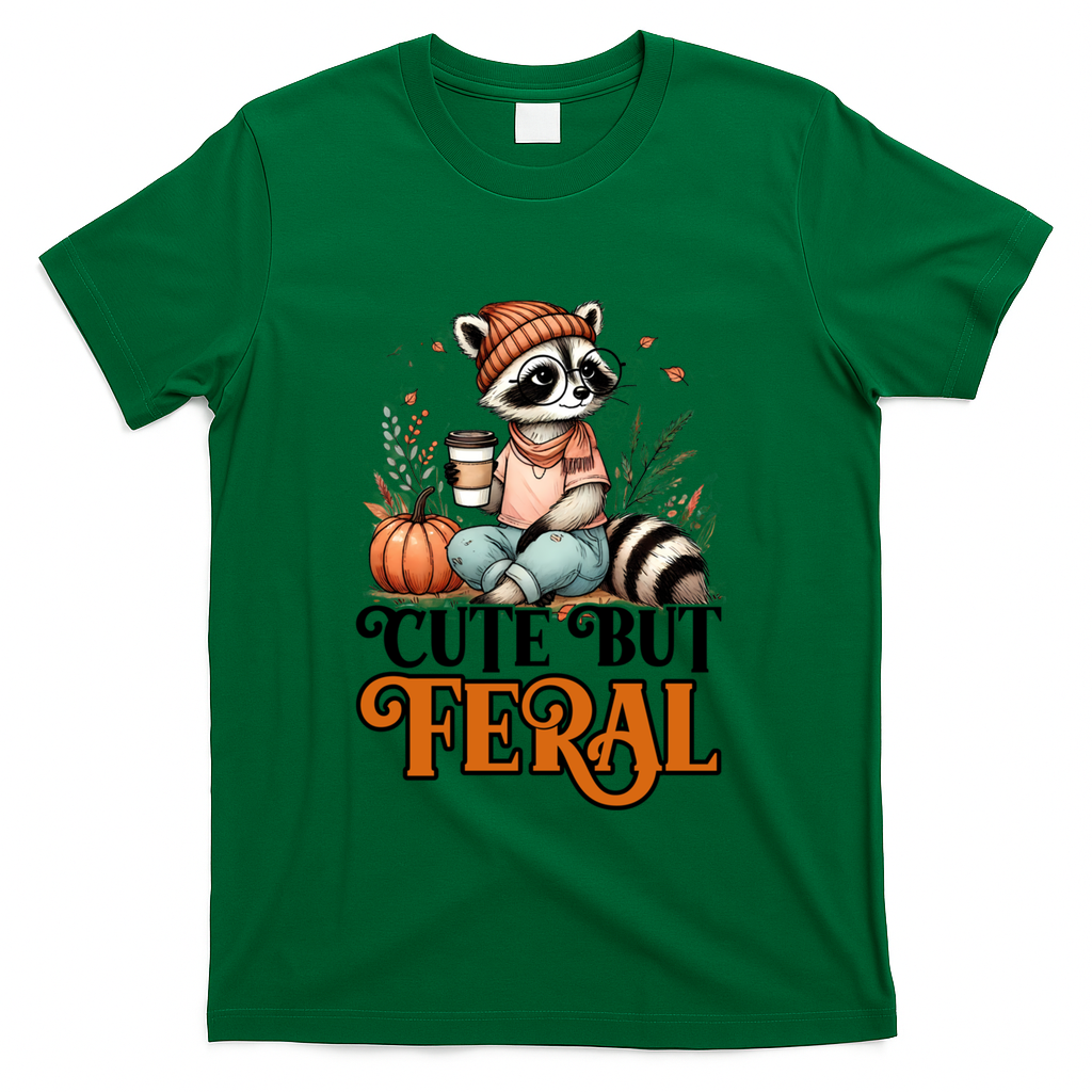 Coffee Raccoon Cute But Feral Autumn Design Gift T-Shirt - Green