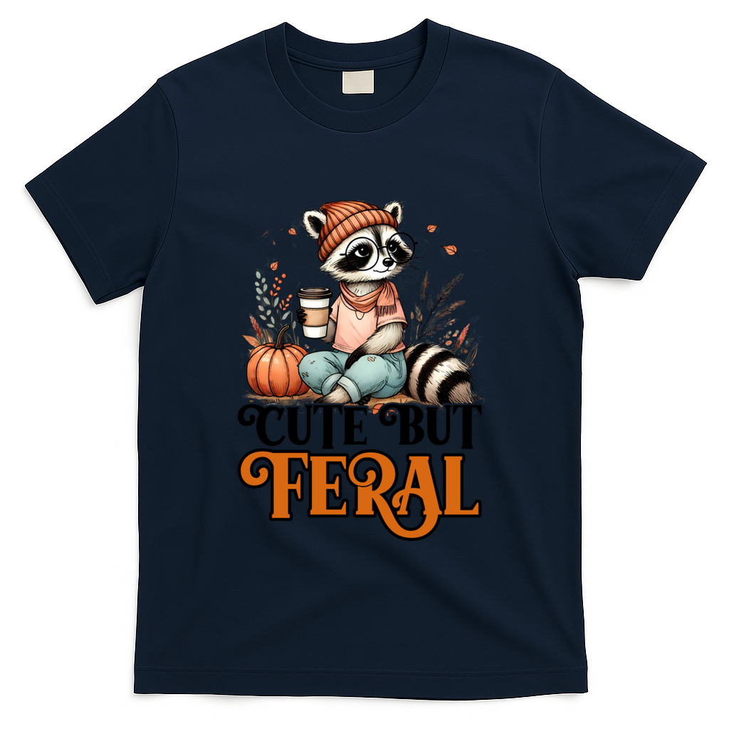 Coffee Raccoon Cute But Feral Autumn Design Gift T-Shirt - Navy