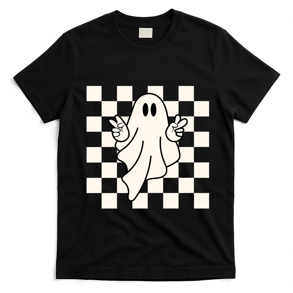 Cute Retro Ghost Peace Sign Halloween T-Shirt - Black