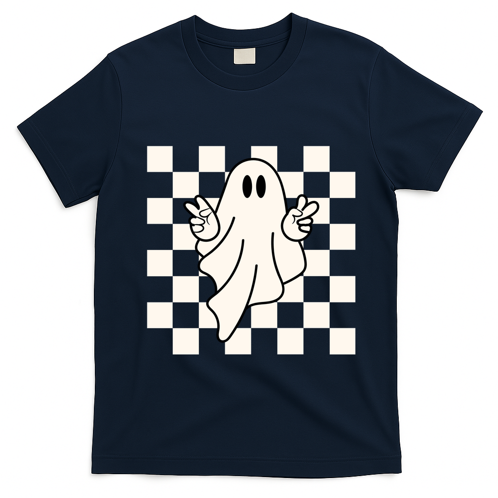 Cute Retro Ghost Peace Sign Halloween T-Shirt - Navy Blue