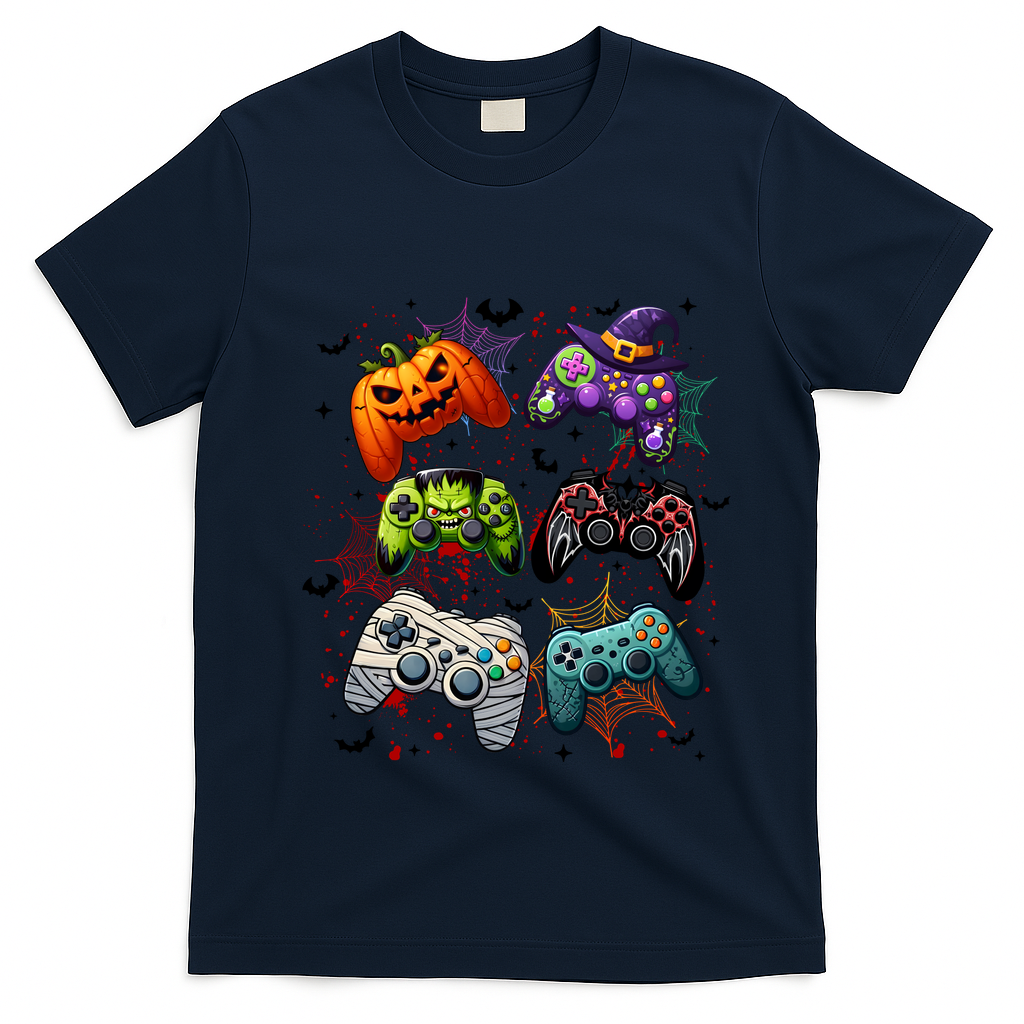 Cool Retro Halloween Gaming Controllers T-Shirt - Navy Blue