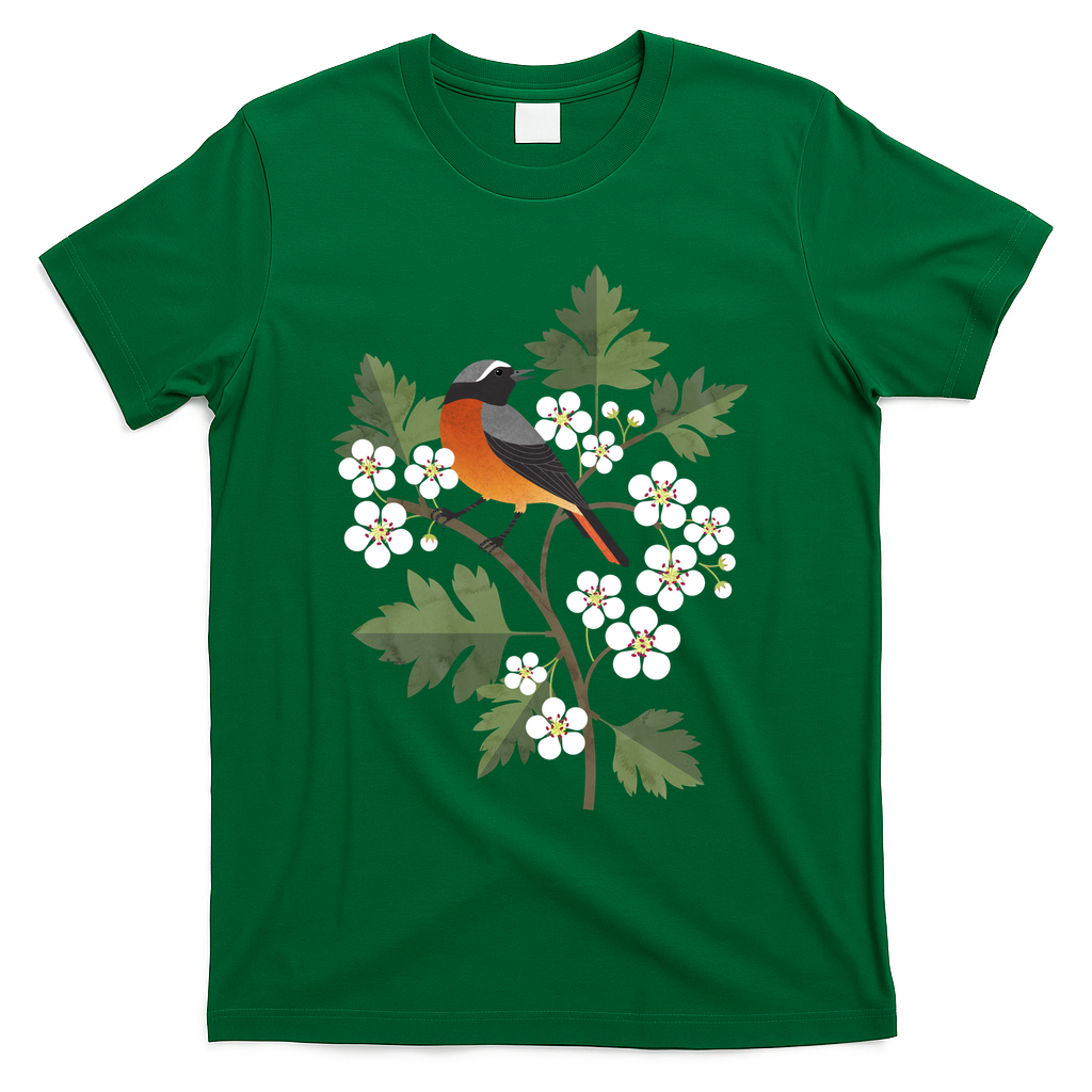 Common Redstart on Hawthorn Blossoms - Green