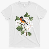 Common Redstart on Hawthorn Blossoms - White