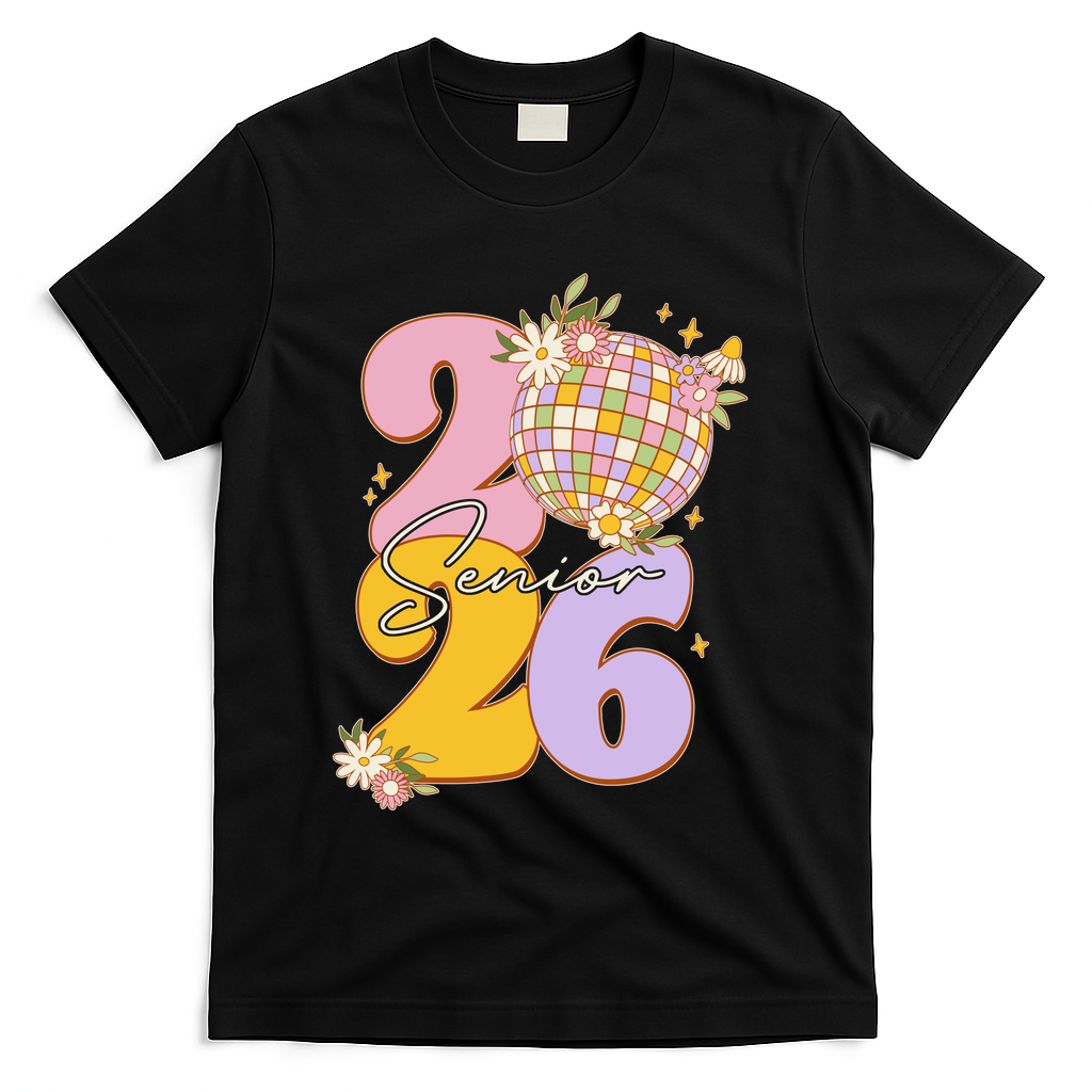 Cute Retro Senior 2026 Disco Ball Flowers Graduate Graduation T-Shirt - Black