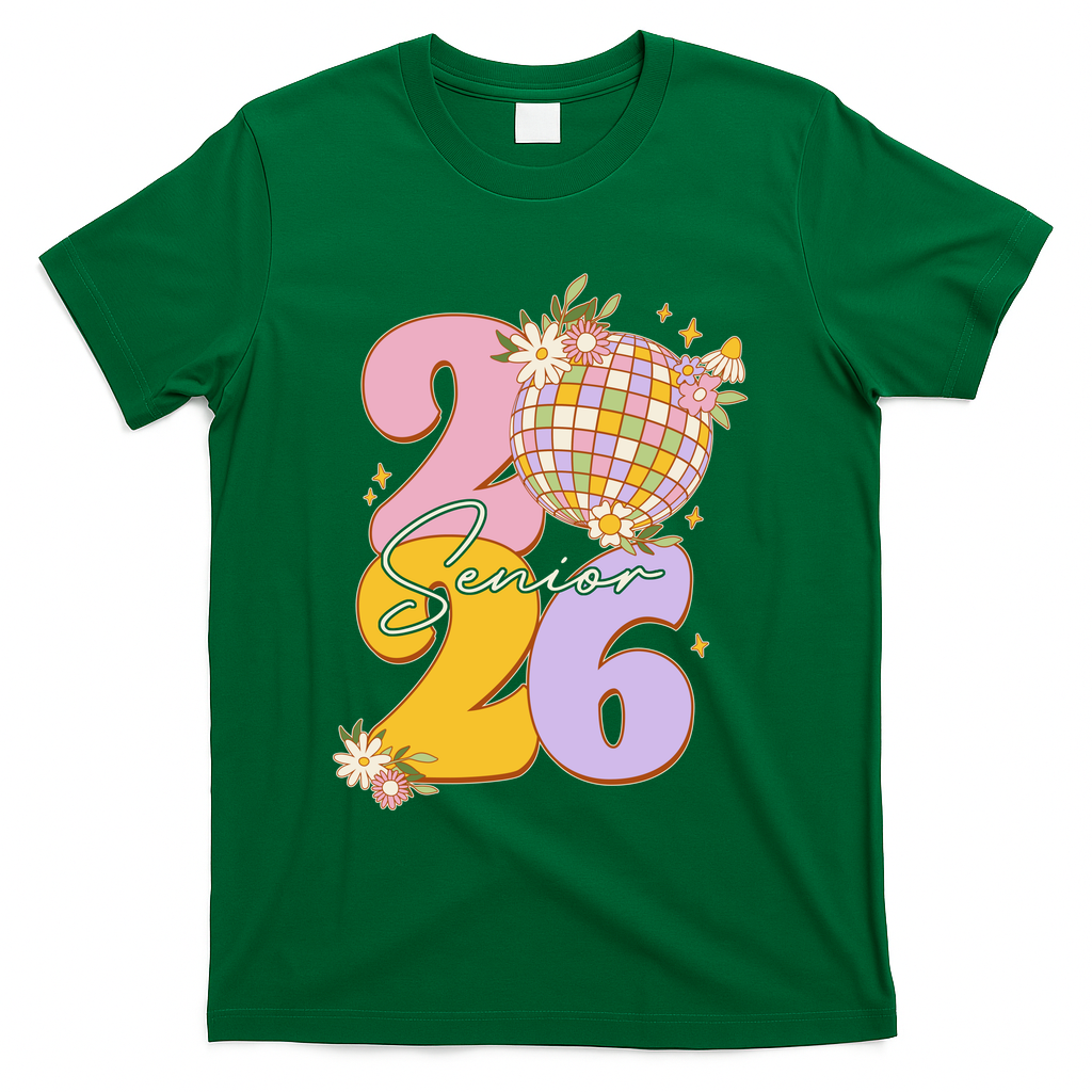 Cute Retro Senior 2026 Disco Ball Flowers Graduate Graduation T-Shirt - Green