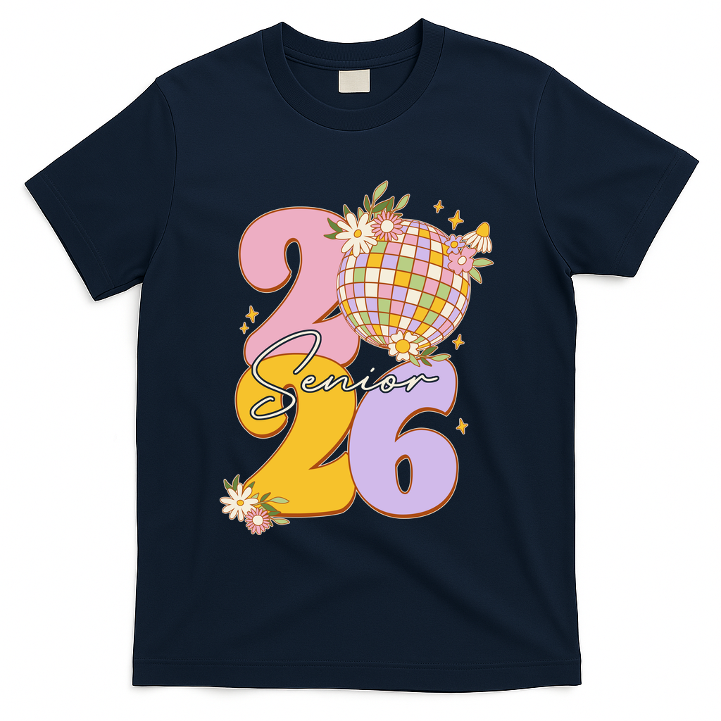 Cute Retro Senior 2026 Disco Ball Flowers Graduate Graduation T-Shirt - Navy