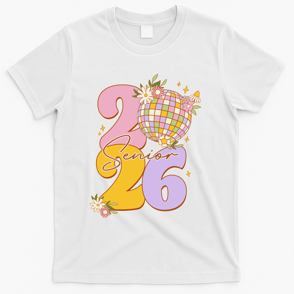 Cute Retro Senior 2026 Disco Ball Flowers Graduate Graduation T-Shirt - White