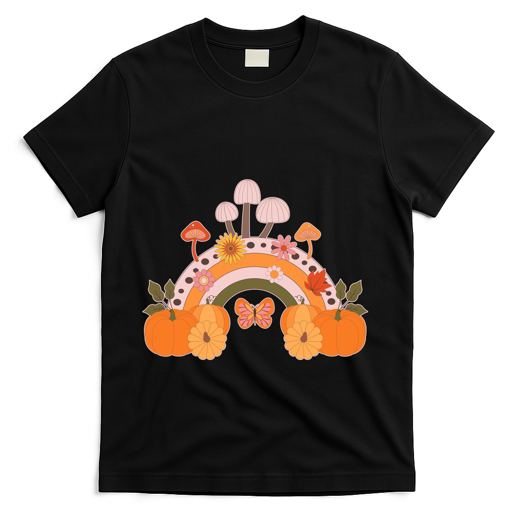 Cute Retro Vintage Fall Autumn Rainbow Mushrooms Pumpkins T-Shirt - Black