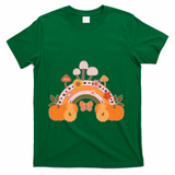 Cute Retro Vintage Fall Autumn Rainbow Mushrooms Pumpkins T-Shirt - Green