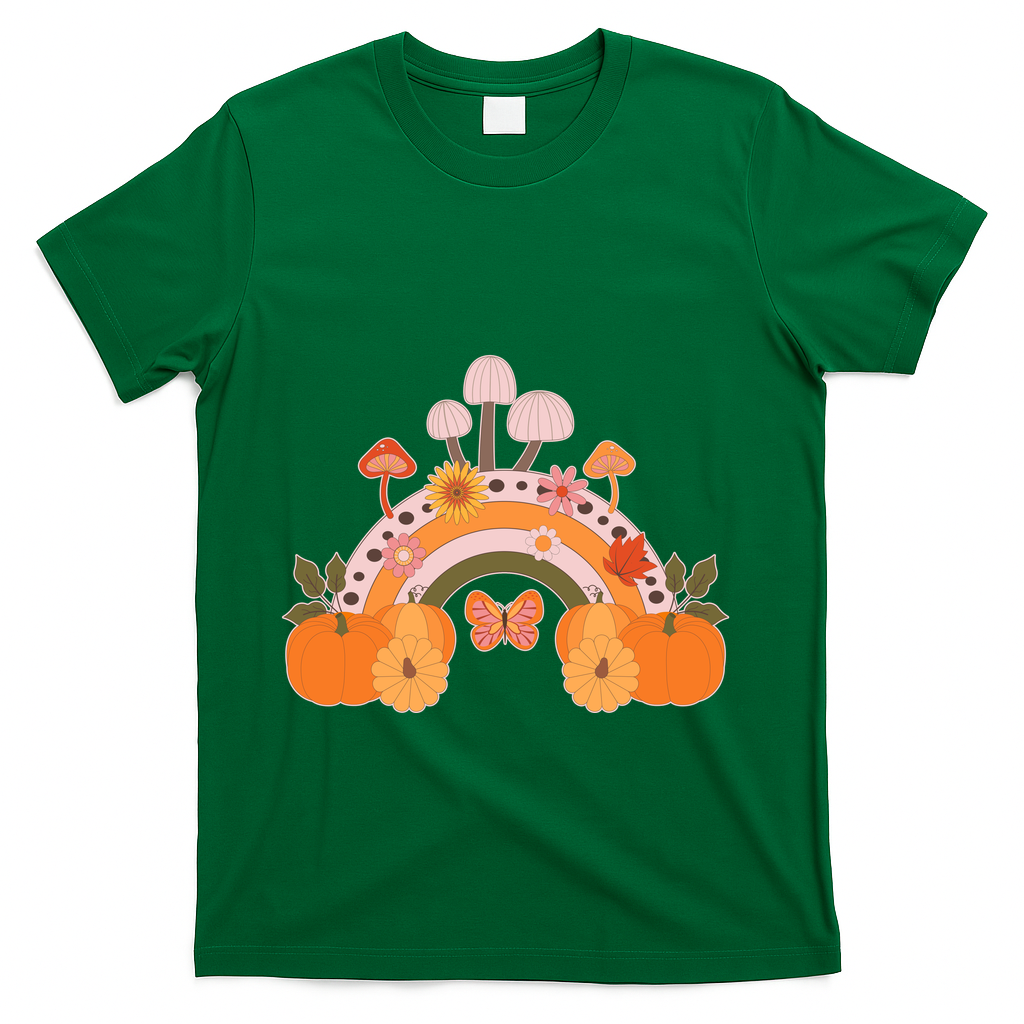 Cute Retro Vintage Fall Autumn Rainbow Mushrooms Pumpkins T-Shirt - Green