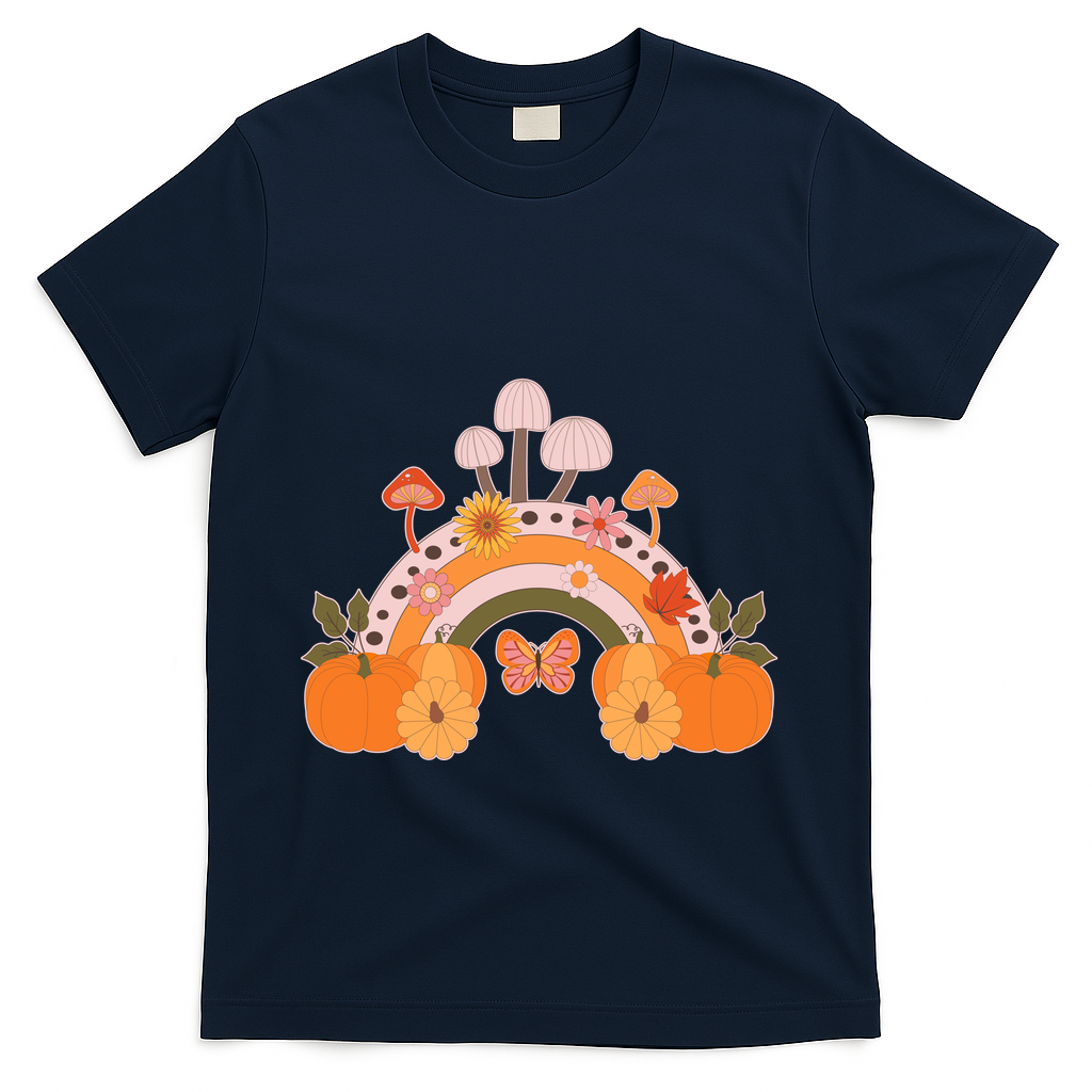 Cute Retro Vintage Fall Autumn Rainbow Mushrooms Pumpkins T-Shirt - Navy
