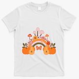 Cute Retro Vintage Fall Autumn Rainbow Mushrooms Pumpkins T-Shirt - White
