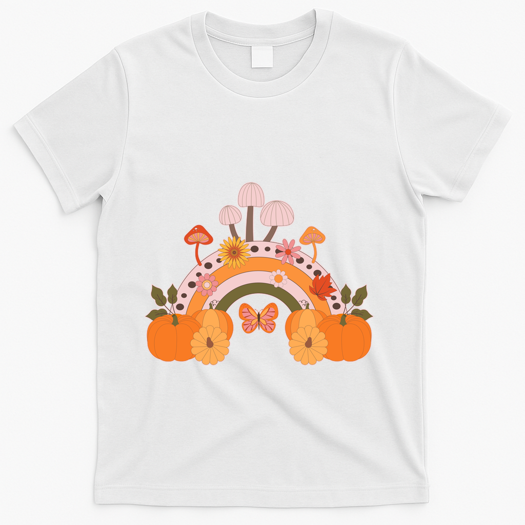 Cute Retro Vintage Fall Autumn Rainbow Mushrooms Pumpkins T-Shirt - White