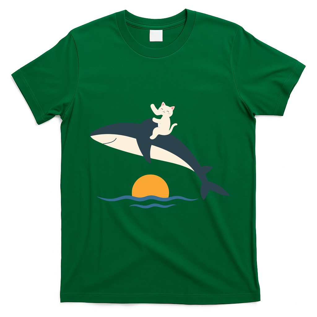 Cat Riding Whale Vintage Ocean Sunset T-Shirt - Irish Green