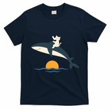 Cat Riding Whale Vintage Ocean Sunset T-Shirt - Navy Blue