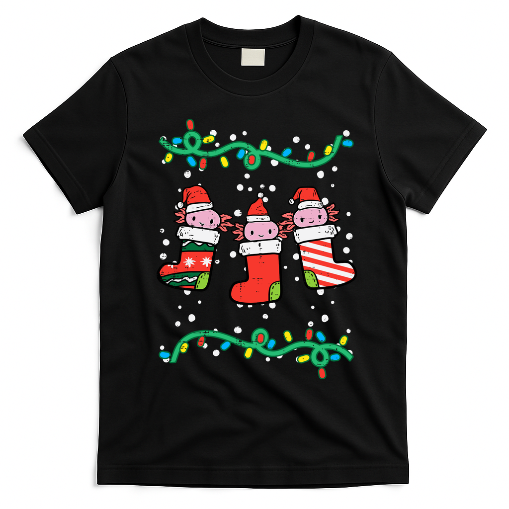 Christmas Stockings Axolotls Cute Xmas Girl T-Shirt - Black