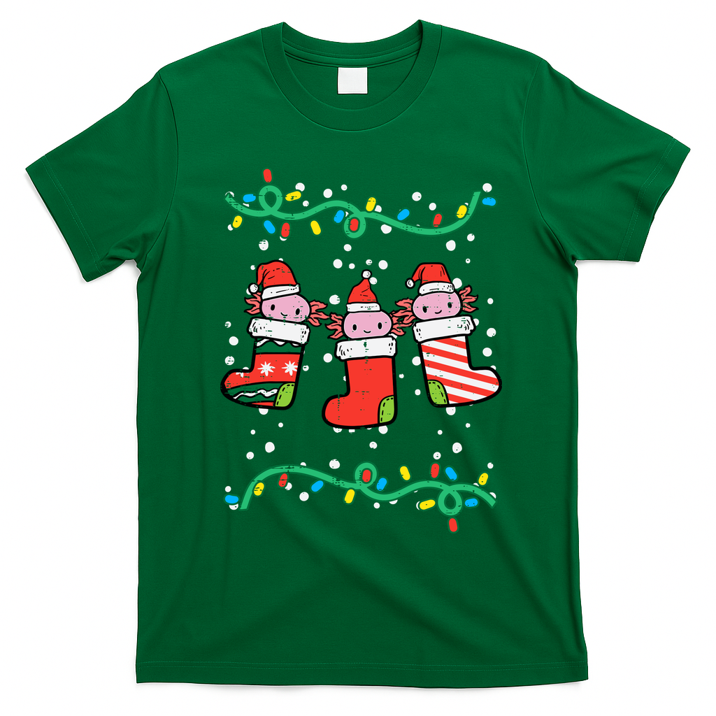 Christmas Stockings Axolotls Cute Xmas Girl T-Shirt - Irish Green