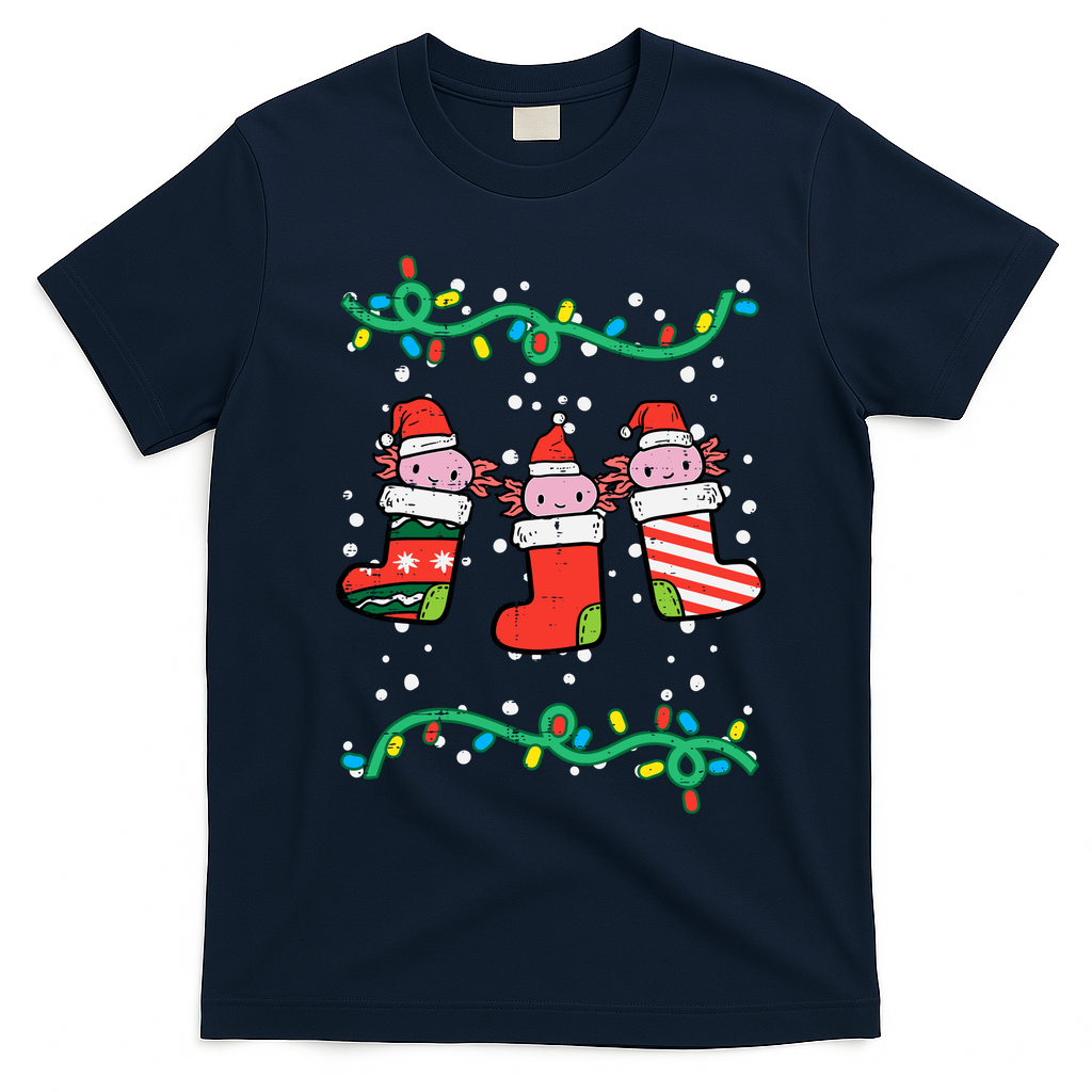 Christmas Stockings Axolotls Cute Xmas Girl T-Shirt - Navy Blue