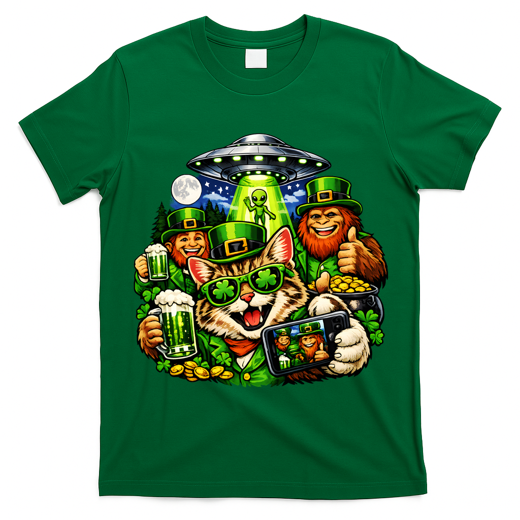 Cat Selfie Alien Leprechaun Bigfoot UFO St Patricks Day T-Shirt