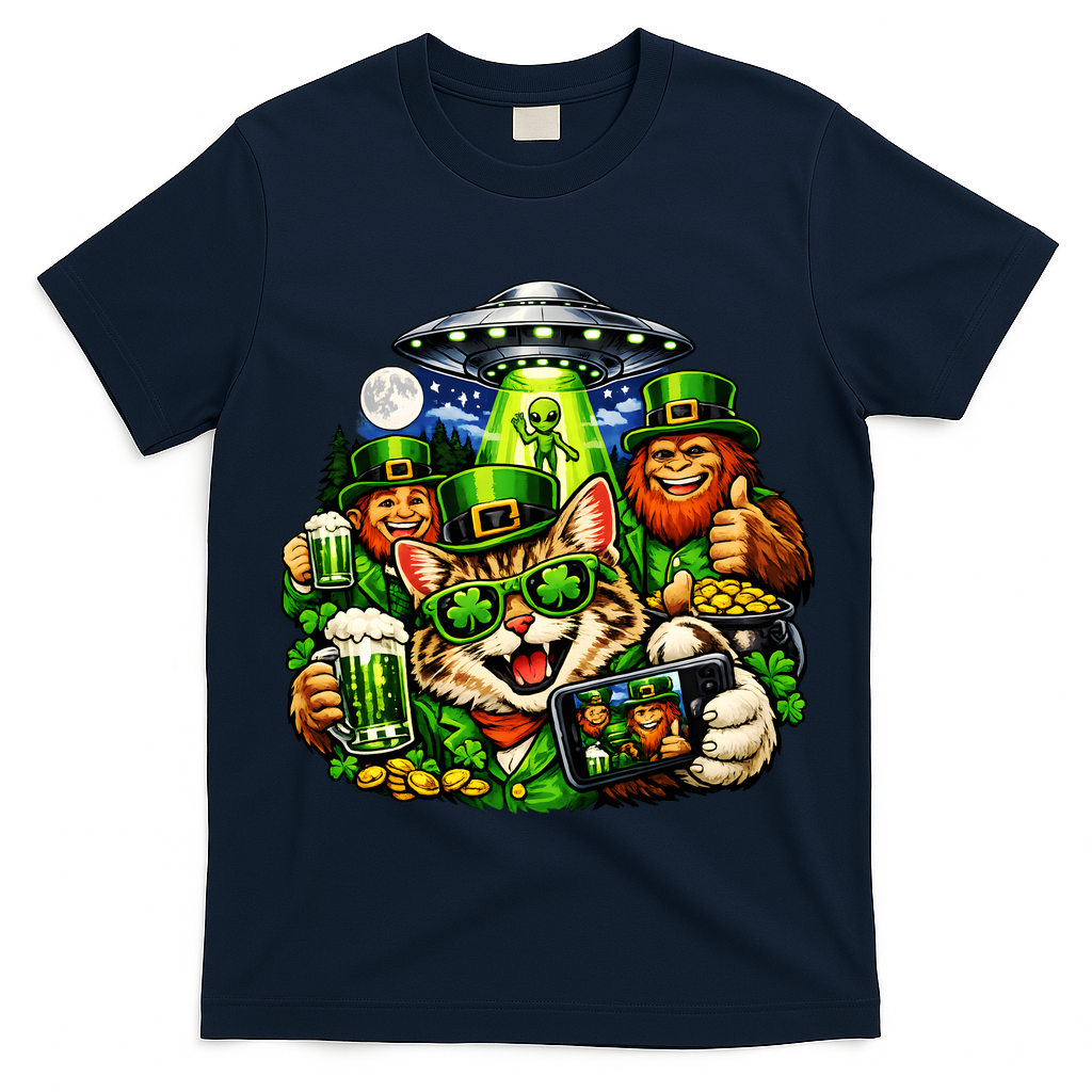 Cat Selfie Alien Leprechaun Bigfoot UFO St Patricks Day T-Shirt