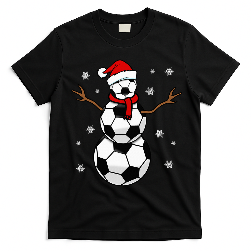 Christmas Soccer Ball Winter Snowman T-Shirt - Black