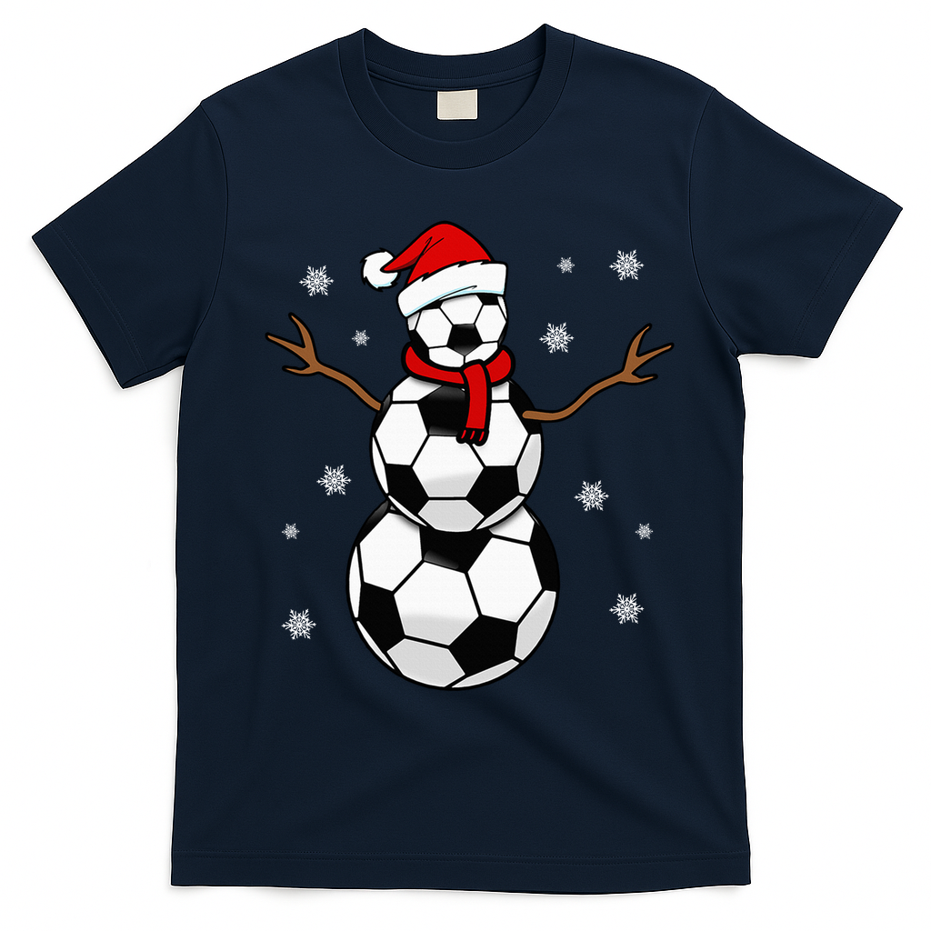 Christmas Soccer Ball Winter Snowman T-Shirt - Navy Blue