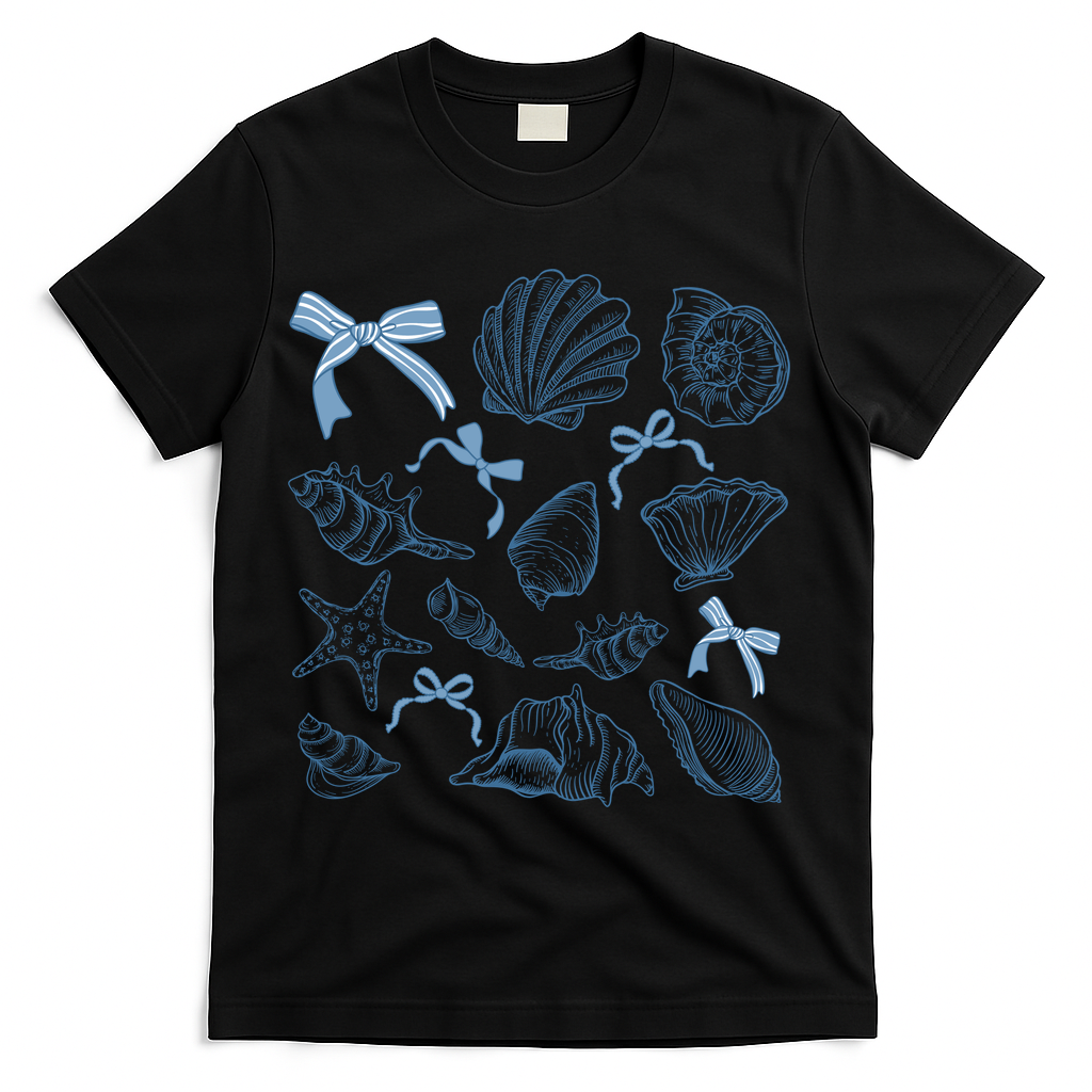 Coquette Seashell  Beach Coastal Retro Summer Vibes T-Shirt - Black