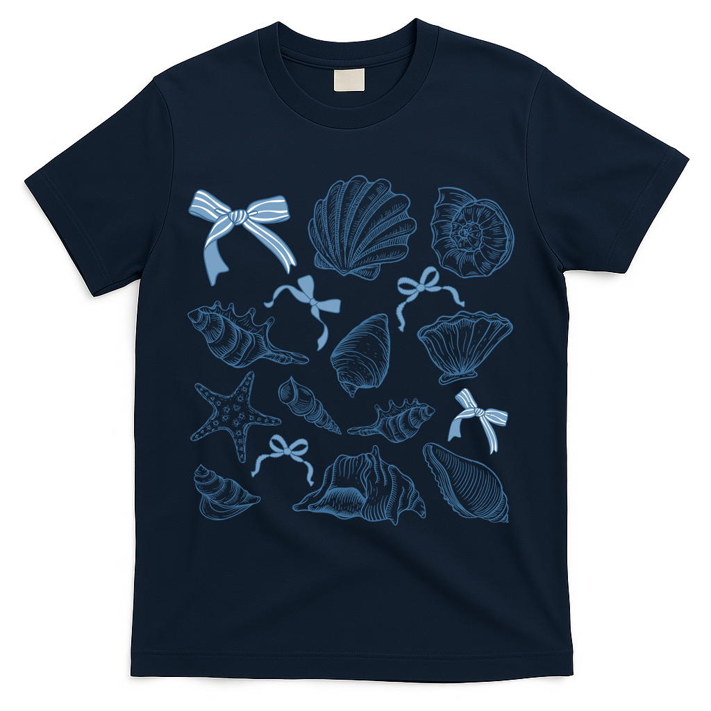 Coquette Seashell  Beach Coastal Retro Summer Vibes T-Shirt - Navy