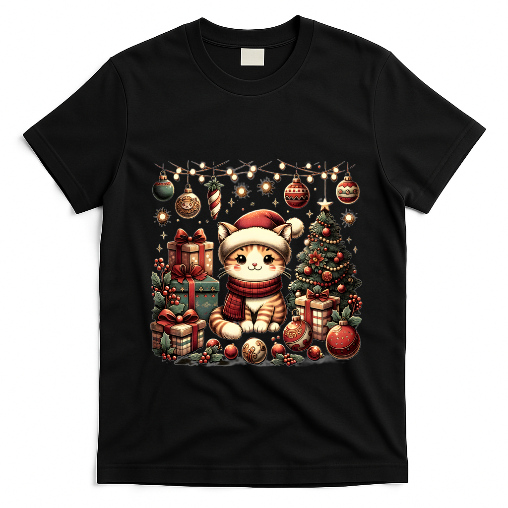 Cute Santa Cat With Christmas Stuff T-Shirt - Black