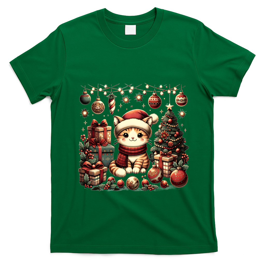 Cute Santa Cat With Christmas Stuff T-Shirt - Irish Green