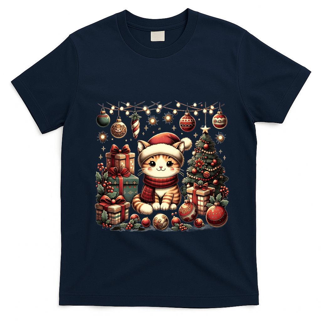 Cute Santa Cat With Christmas Stuff T-Shirt - Navy Blue