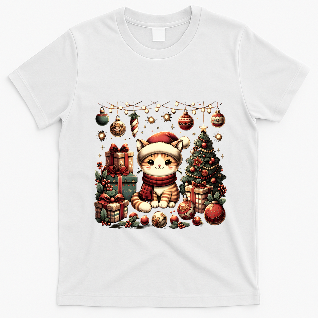 Cute Santa Cat With Christmas Stuff T-Shirt - White