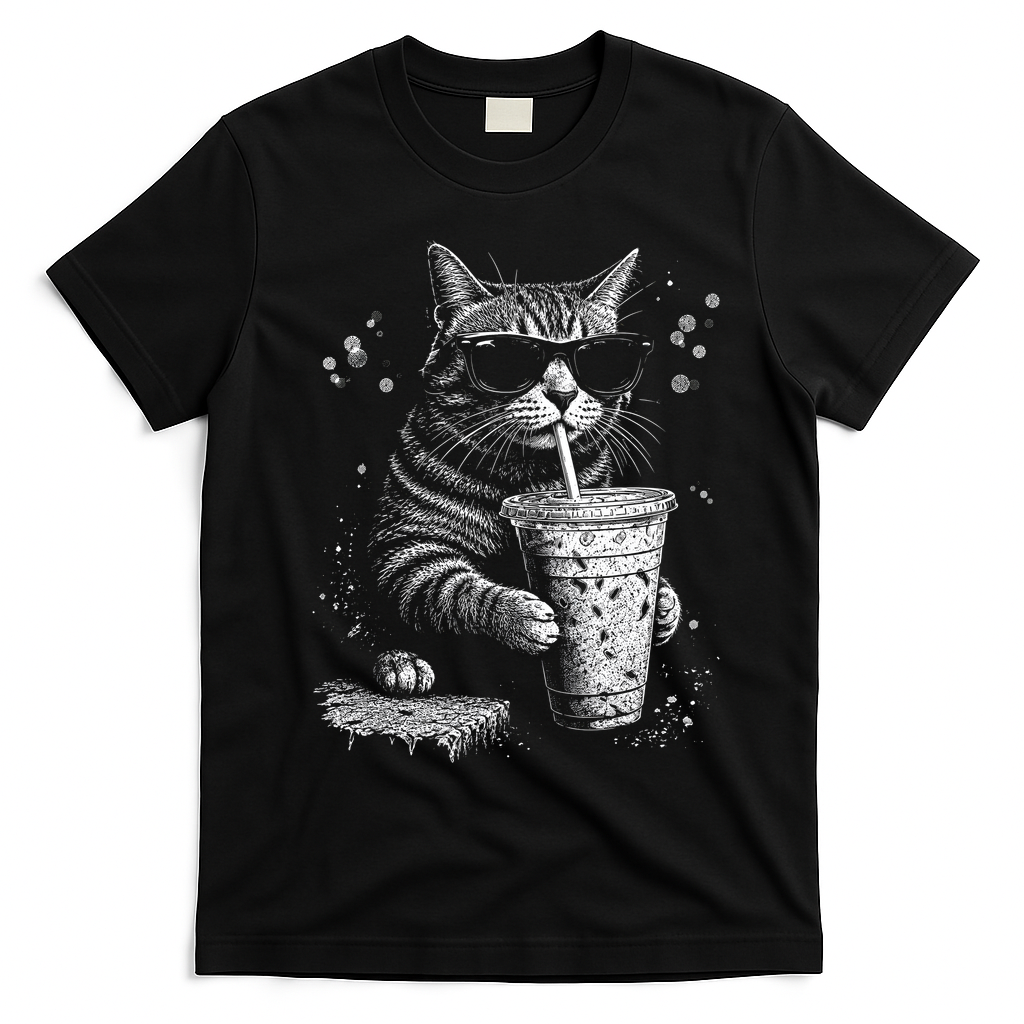 Cool Cat Sipping Drink With Sunglasses Graphic T-Shirt - Black