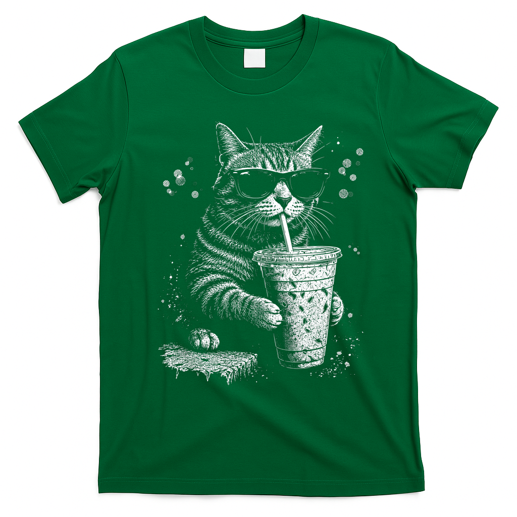 Cool Cat Sipping Drink With Sunglasses Graphic T-Shirt - Irish Green