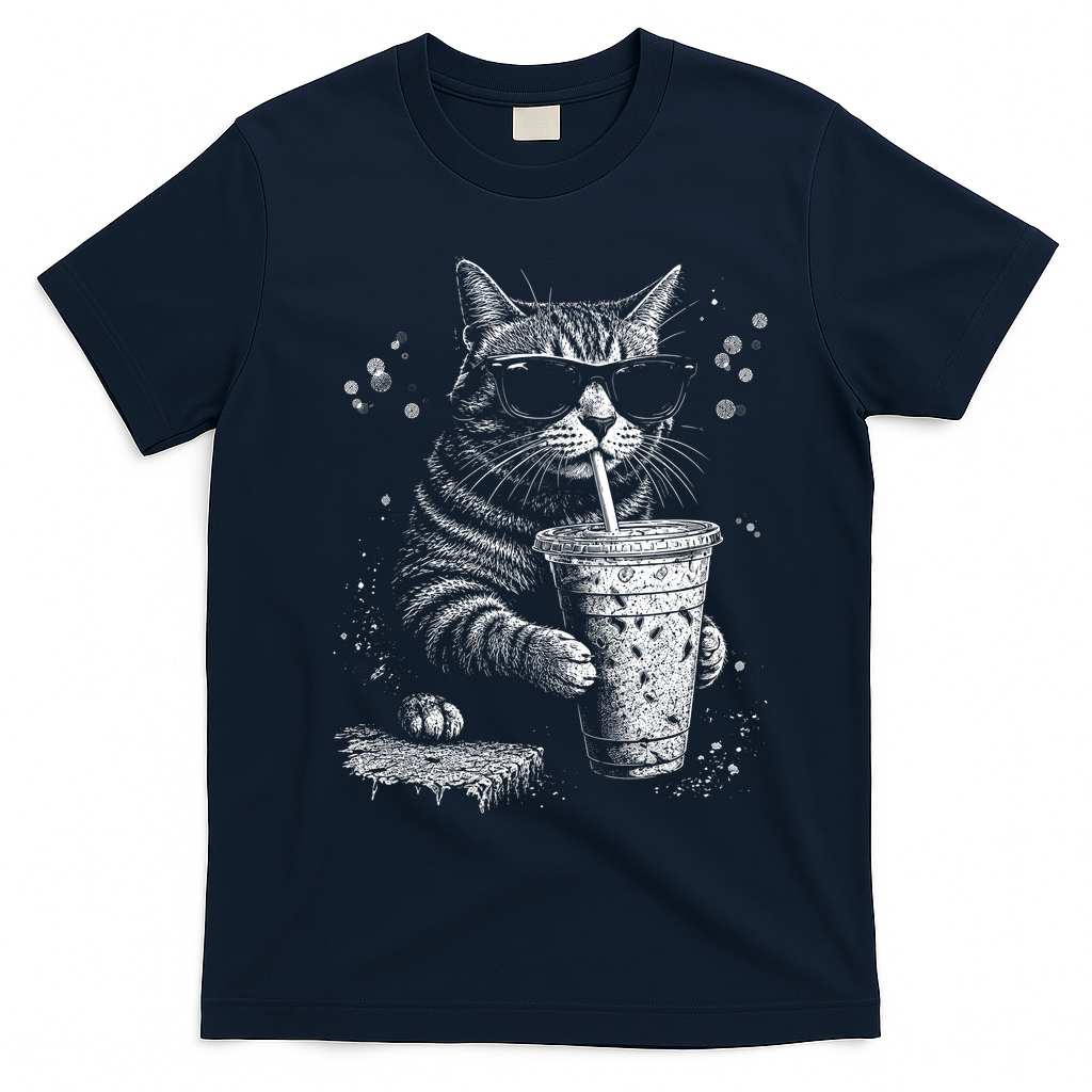 Cool Cat Sipping Drink With Sunglasses Graphic T-Shirt - Navy Blue