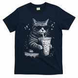 Cool Cat Sipping Drink With Sunglasses Graphic T-Shirt - Navy Blue