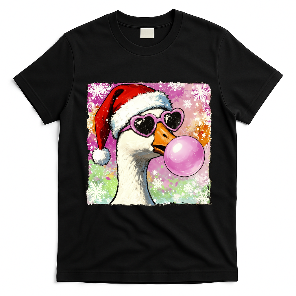 Cool Silly Goose Santa Christmas Bubble Gum T-Shirt - Black