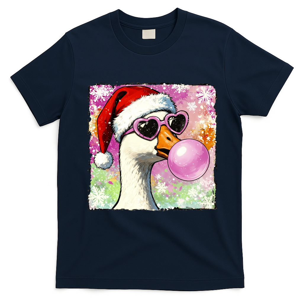 Cool Silly Goose Santa Christmas Bubble Gum T-Shirt - Navy Blue